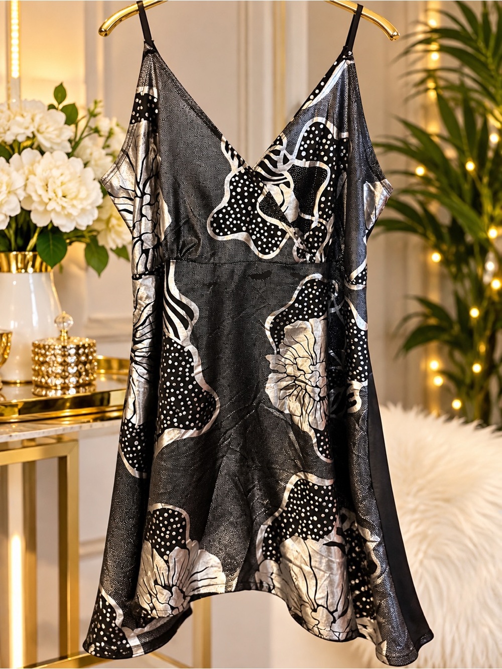 Satin Floral Slip Dress - Black & Silver